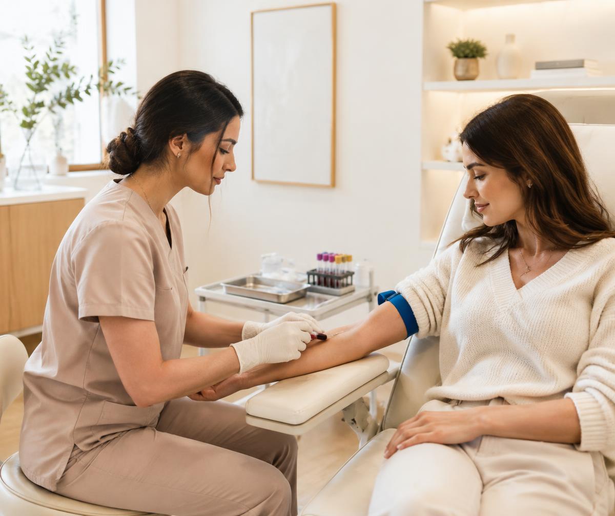 A clinician performing a blood draw for a seated patient